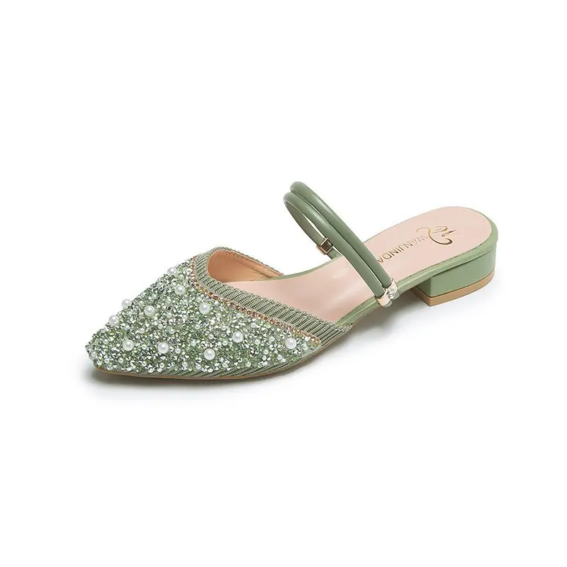 

Slippers Casual Square Toe Glitter Slides Female Shoes Mules For Women 2021 Low String Bead Luxury Jelly New Cover Scandals Rome
