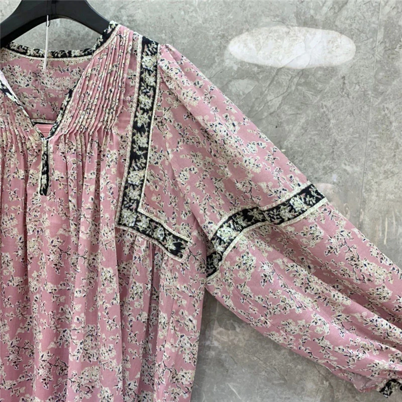 

VGH Elegant Print Floral Set For Women V Neck Long Sleeve Hit Colo Ruched Dress Vintage Two Piece Sets Female 2021 New Spring