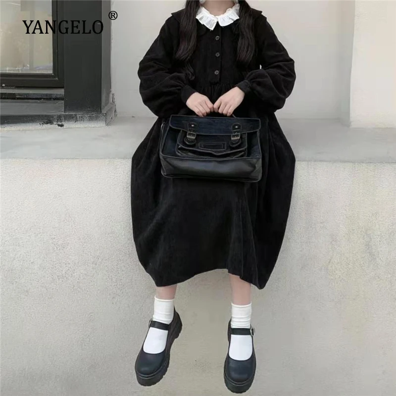 Женское вельветовое платье Yangelo Harajuku черное свободное с воротником Питер Пэн и