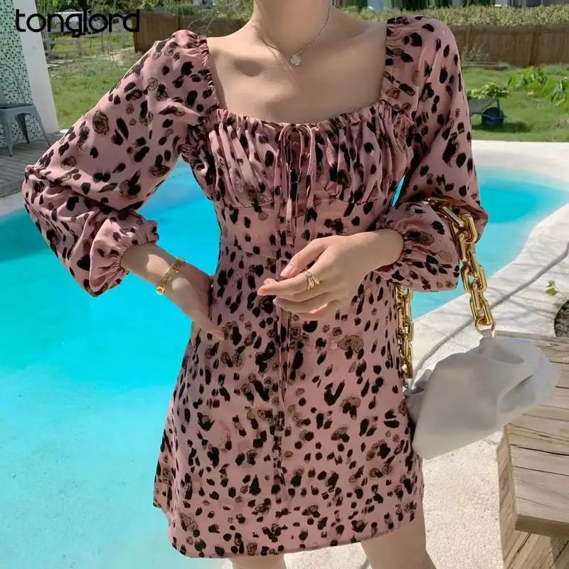 

Tonglord платье для женщин 2020 Осень Новый леопардовый рукав-фонарик квадратный воротник получить талию винтажные короткие платья мини для женщ...