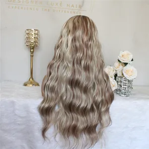 Lace Front Synthetic Wig Ombre Blonde Highlight Wig Brown and Blonde Colored for Women Wave T Part Lace Wig 22inch