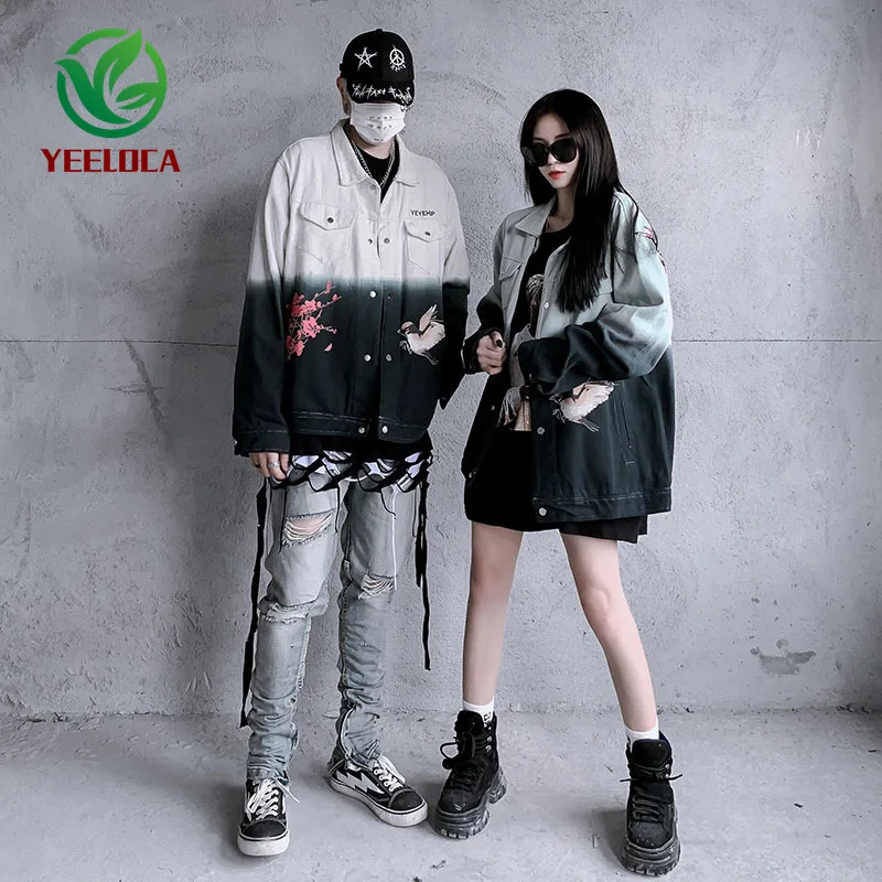 2019 Denim Shirt Male Female Jacket Men Casual Fashion Oversized Color Gradient Anti-War Bird Print Coat | Мужская одежда