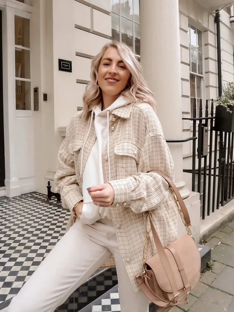 

Vintage Stylish Jewelry Buttons Shirt Jackets Women Fashion Pockets Turn-down Collar Check Jacket Cute Girls Chic Coat Outerwear