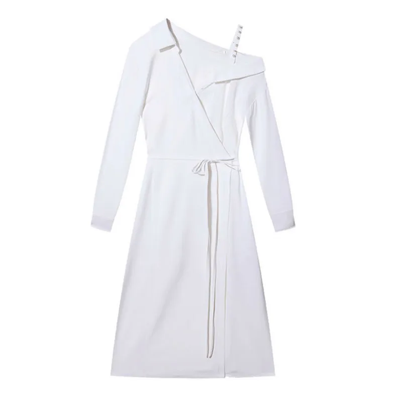 Платье-туника на одно плечо однотонное черное/белое с поясом и треугольным