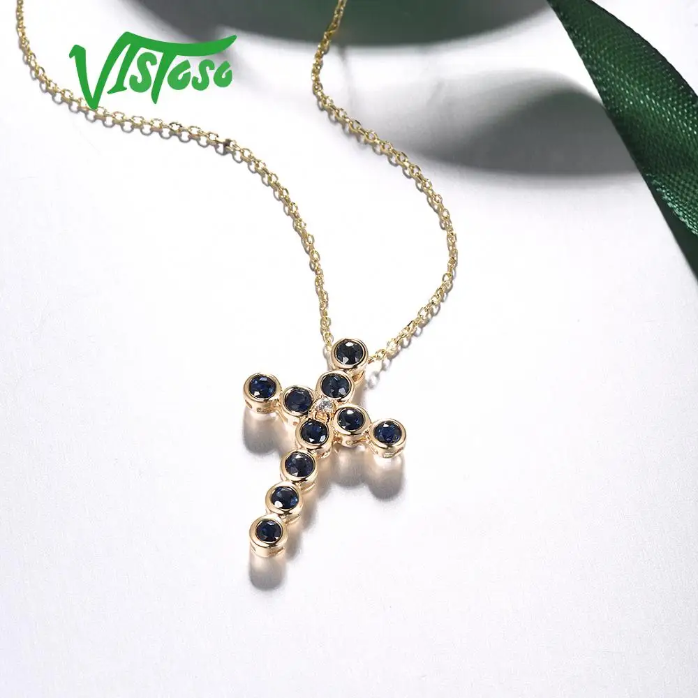 VISTOSO золотые подвески для женщин подлинный 14K 585 Желтое золото крест кулон синий