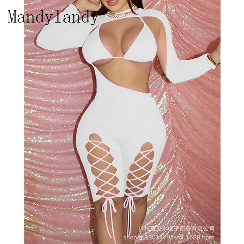 

Комплект женской сексуальной ночной клубной одежды Mandylandy с шортами, женский элегантный укороченный топ + узкие эластичные ажурные шорты с в...