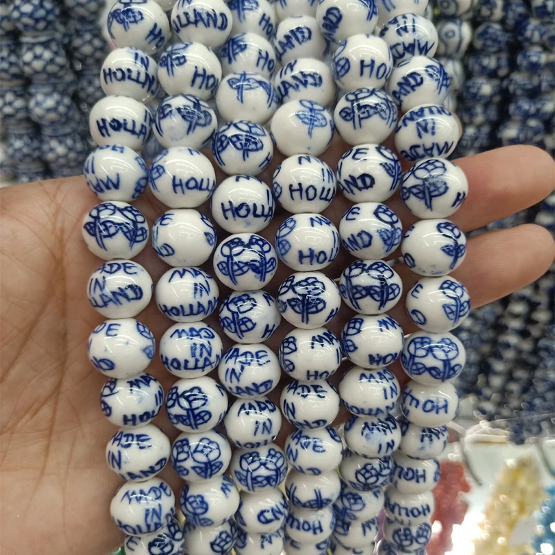 

10pcs 12mm Round Hand Painted Ceramic Beads Two Flowers MADE IN HOLLAND Word Loose Bead For Jewelry Making DIY Bracelet Necklace