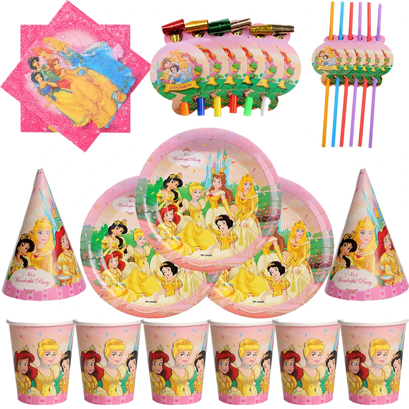 

Disney Six Princess Snow White Theme Kids Birthday Wedding Party Decor Supplies Party Disposable Tableware Set Paper Cups Plate
