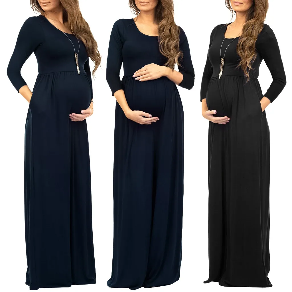 Длинное платье для беременных женщин Повседневное с длинным рукавом v образным