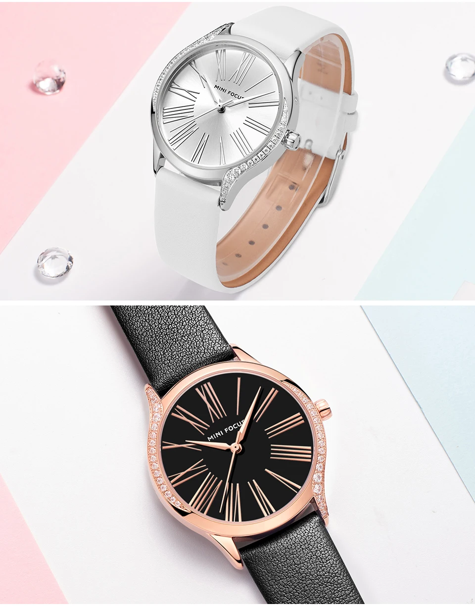 MINIFOCUS, классические, элегантные, синие, кожаные, женские часы, Iced Out, кварцевые, женские часы, водонепроницаемые, простой дизайн, модные, женские часы
