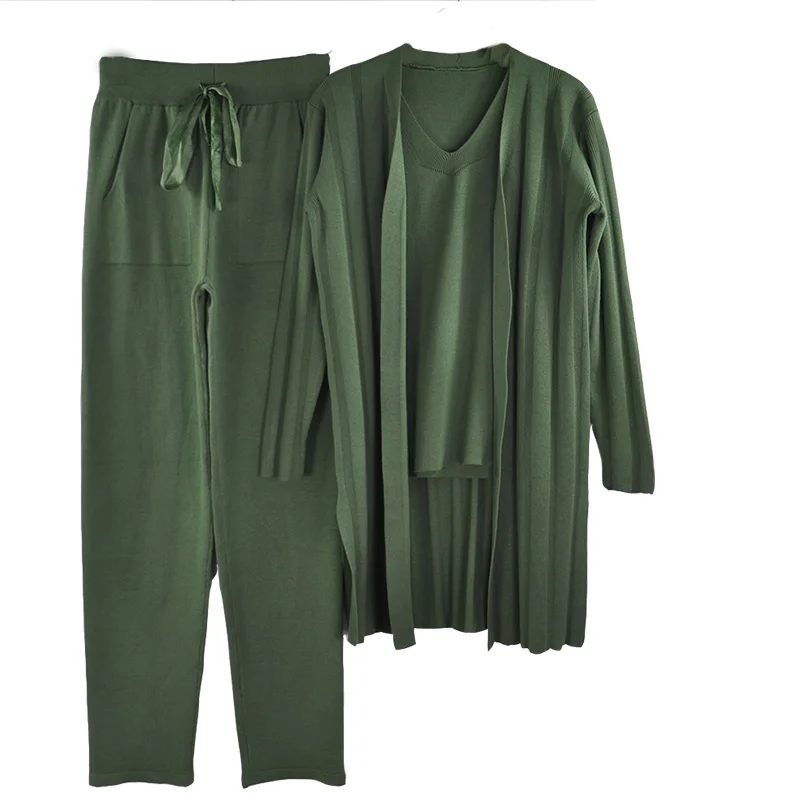 

TAOVK Autumn women's Knitted tracksuit 3 Pieces Set Long Sleeve Cardigan and Sleeveless Pullover Tops and Pants Suits