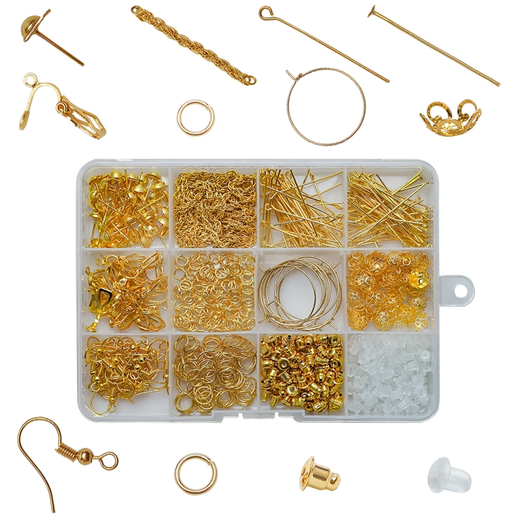 

Jewelry Findings Tool Set Earring Clasps Hooks /Open Jump Ring/Tail Chain/T Pin Beads Caps/ For DIY Jewelry Making Findings