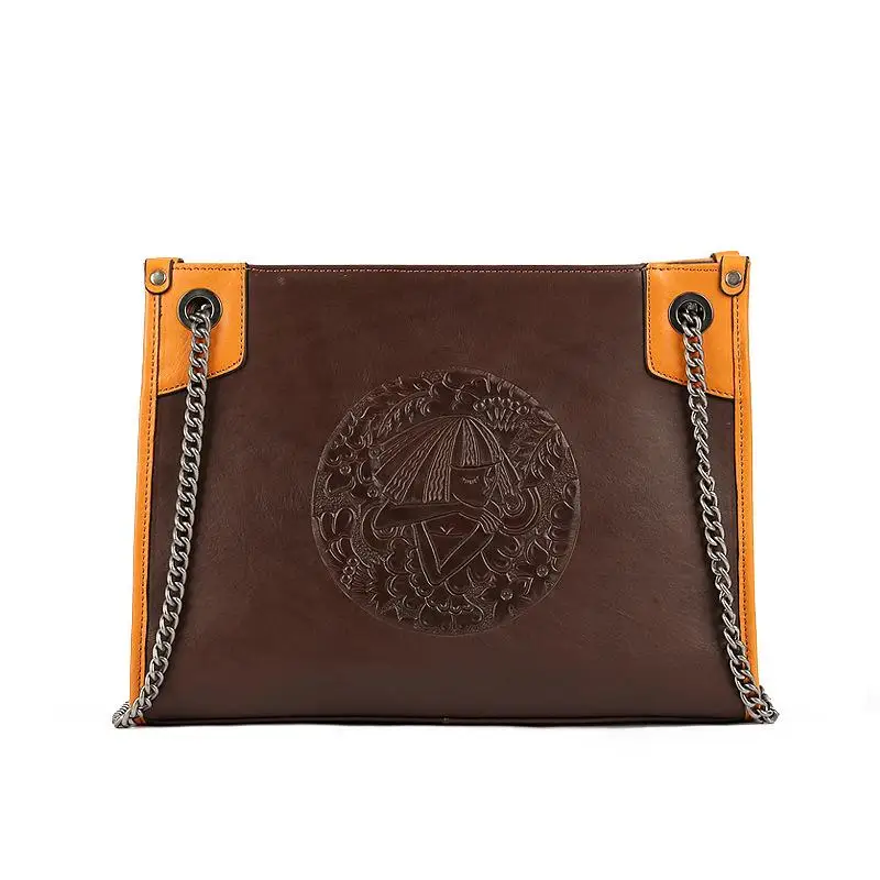 

Genuine Leather Summer 2021 New Women Bag Vintage Embossed Chain Shoulder Bags Nature Cowhide Fashion Female Handbag