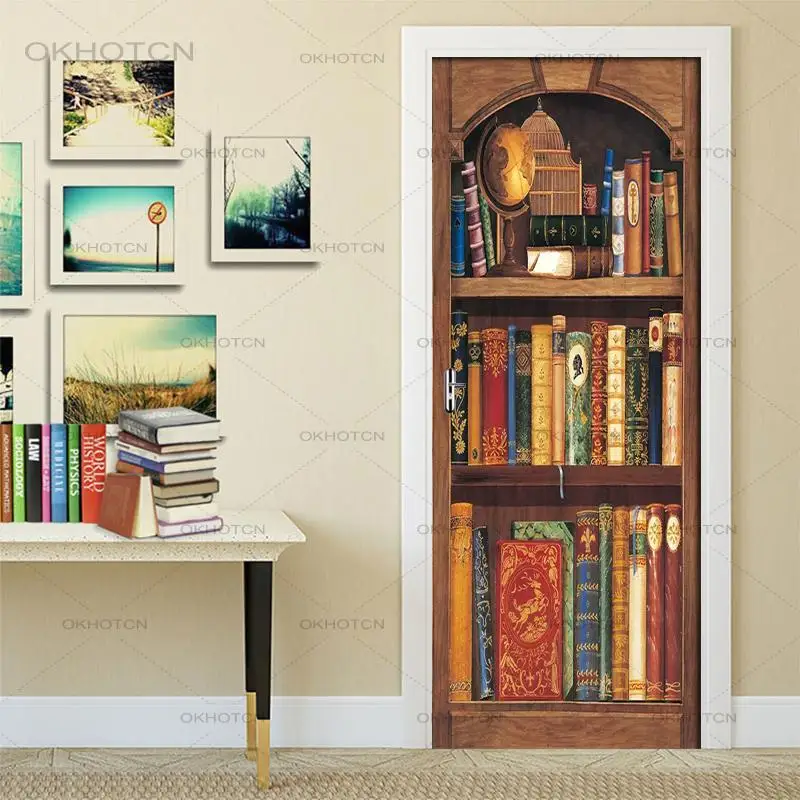 

Home Decor Decals 3D Vintage Bookshelf Door Sticker DIY Prints Canvas Wallpaper Waterproof Mural Bedroom Self Adhesive Creative