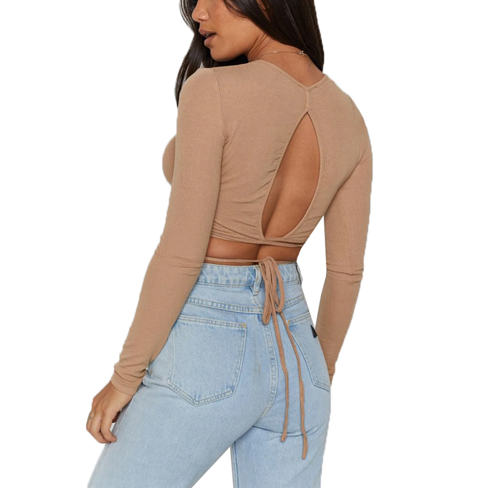 

Woman Sexy Solid Color Hollowed-out Top Blouse Fall Spring Round Neck Long Sleeve Slim Backless Lace-up Midriff-baring Pullover