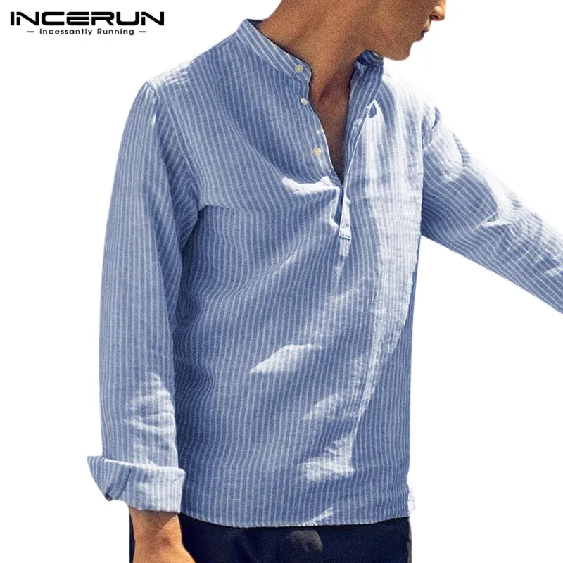INCERUN Autumn Vintage Men Brand Shirts Striped Chic Stand Collar Button Long Sleeve Camisa Fashion Casual Shirts Men 2022 S-5XL