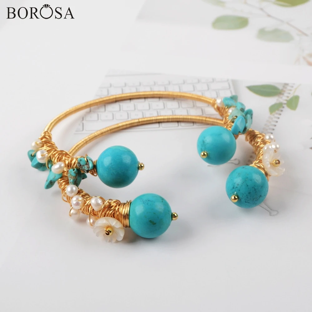 

Голубой Браслет BOROSA Howlite 5 шт., ювелирные изделия, Браслет-манжета, бирюзовая проволока, обмотка золотого браслета, приблизительно WX1280