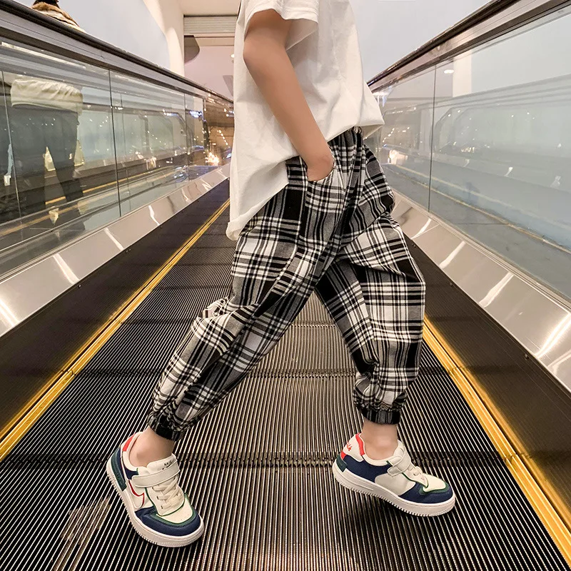 

Children Sport Pants Teenage Boys Mid Waist Loose Pants Clothing Kids Cotton Plaid Trousers Baby Big Boys Bottoms Clothes 3-10Y