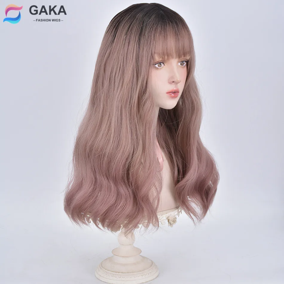 

GAKA Water Wave Long Synthetic Wigs with Ombre Bangs Ash Pink Women's Wig Cosplay Party Natural Hair Wig with Black Root