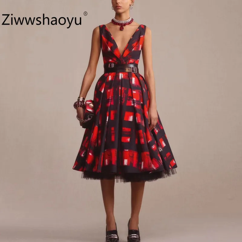 Ziwwshaoyu Red Printed Cotton Fashion Dress Women's Mesh Lining Designer Summer Sexy Party Knee-Length Dresses
