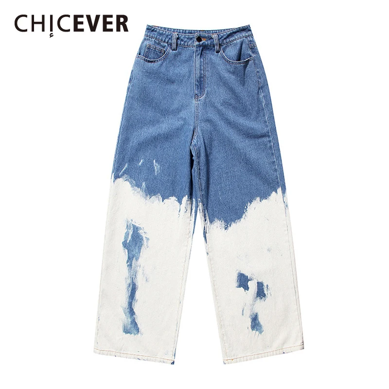 

CHICEVER Full Length Jeans For Women High Waist Loose Hit Color High Street Wide Leg Denim Trousers Female 2021 Clothing Autumn