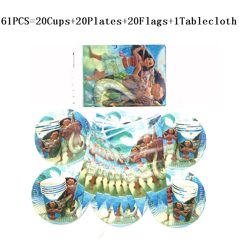 

61Pcs/31Pcs Disney Moana Kids Favor Tableware Boy Girl Birthday Plates Cups Flag/Banner Table Cover Decorations Supply