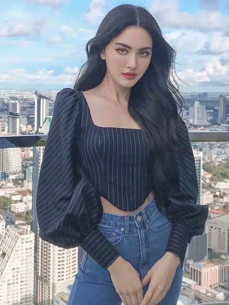 

Женская блузка в полоску, с квадратным вырезом и длинными рукавами-фонариками