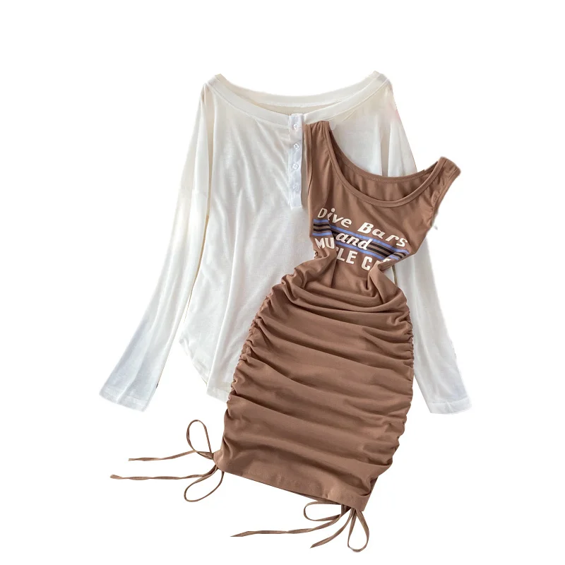 

Letter Printed Vest Dress Girls Fashion Pleated Strap Dress 2021 Summer New Thin Sunscreen Shirt Women Two Piece Suits