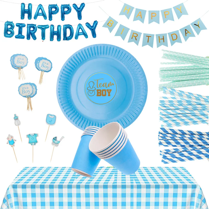

Blue boys theme party supplies disposable tableware set stickers balloon gender reveal baby shower birthday cake cute decoration