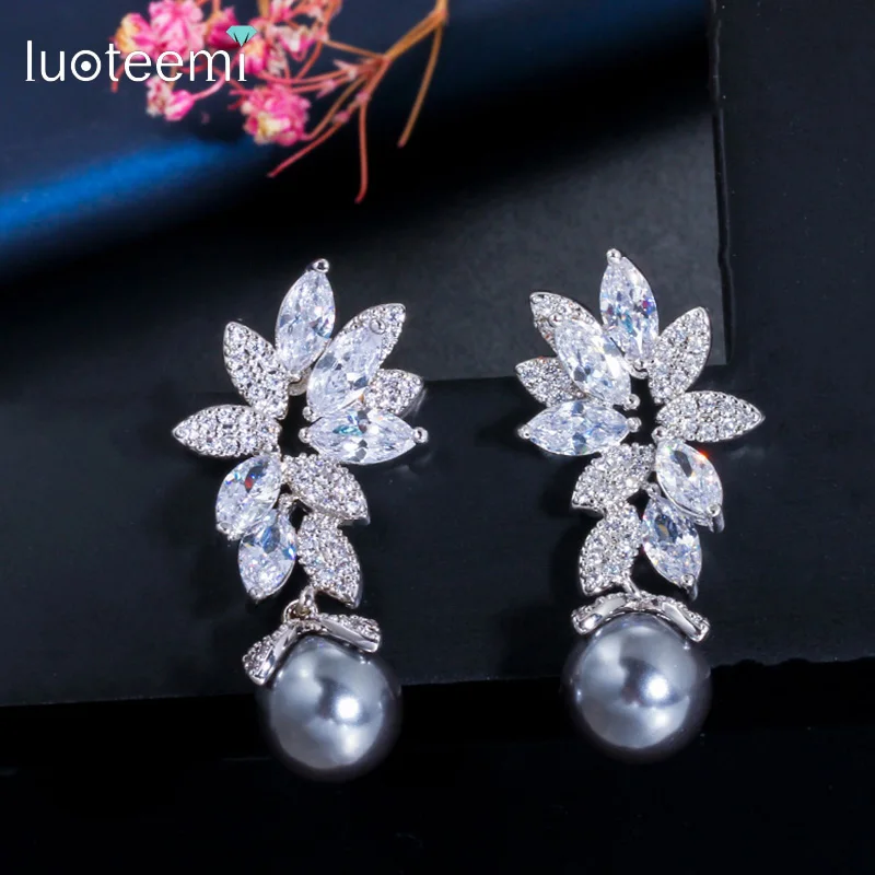

LUOTEEMI 2021 Luxury Women's Fashion Gray Pearl Flower Shaped Statement Drop Earrings For Women Zircon Jewelry Bijoux Wholesale