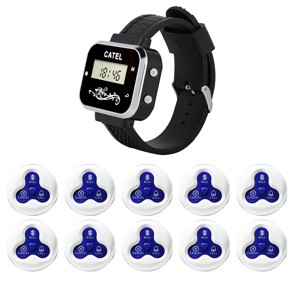 CATEL Waterproof 10 Button 1 Watch Receiver Wireless Calling System Call Button Pager for Restaurant Waiter Service Bell Buzzer