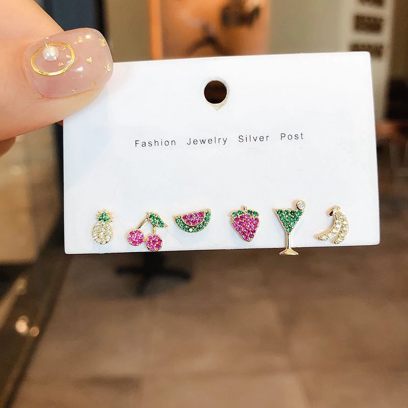 

POPACC Lovely Cocktail Fruit Stud Earrings Set for Women Colorful Cubic Zircon Earrings 6-piece Set Jewelry Gifts