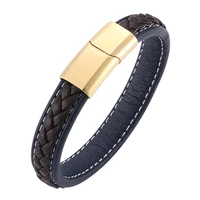 fashion men accessories brown blue leather wrist bracelet gold stainless steel magnetic clasp punk male leather wristband sp0211