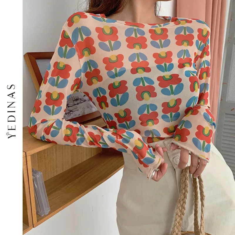 

Yedinas с цветочным принтом сетчатые Топы женские идиллический Стиль футболка с длинным рукавом Тонкий в стиле Харадзюку; Сезон весна; Футболк...