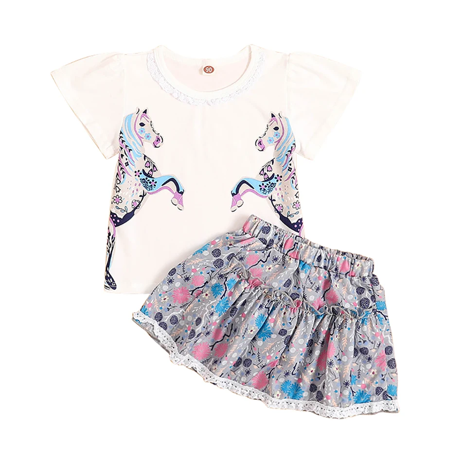 

Baby Girl Clothes For Kids 2 to 6 Years Fashion Unicorn Pattern T-Shirt + Floral Skirt Suit Summer Casual Outfits