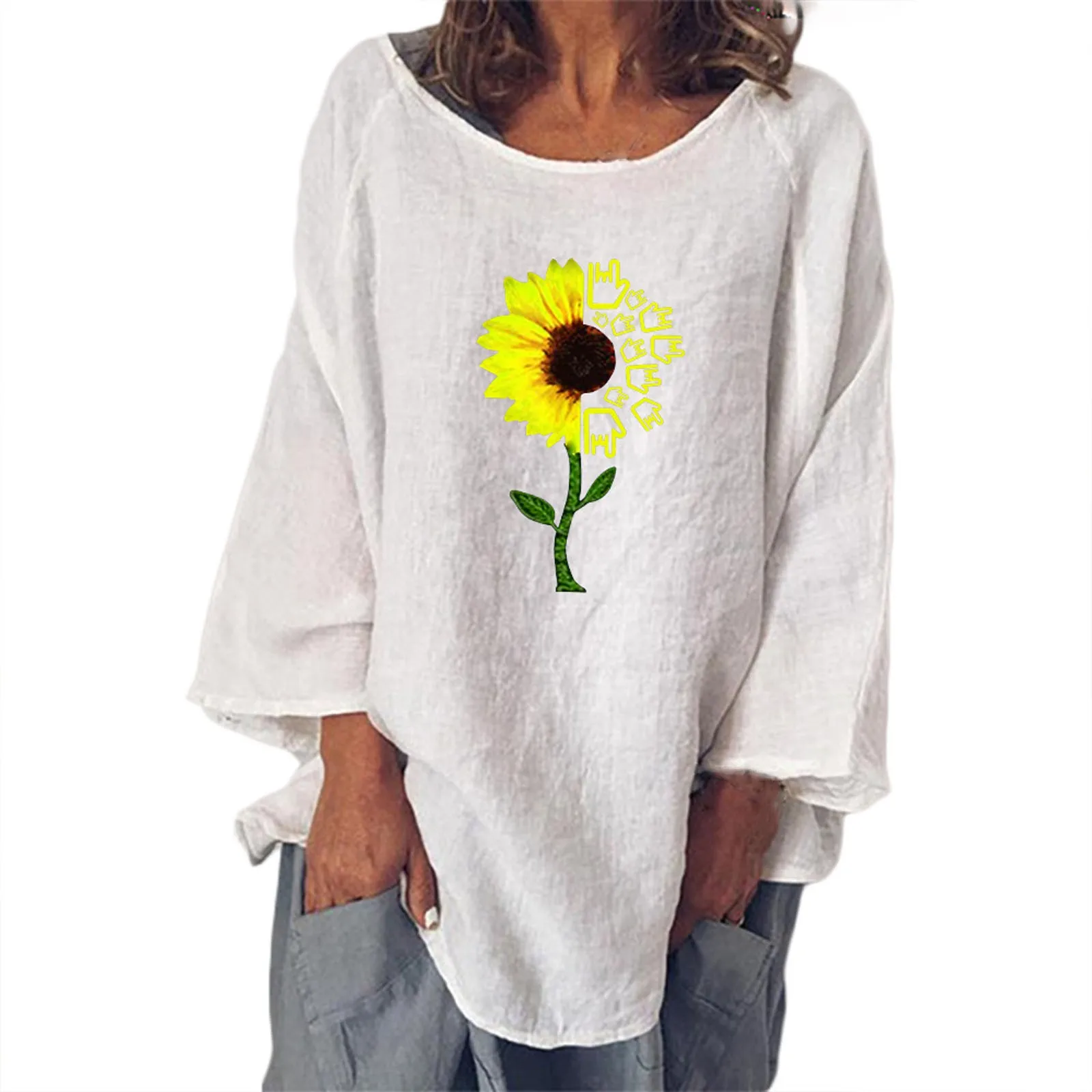 

2021 spring Women's Solid Color Printed Round Neck Long Sleeve Loose Cotton Linen Top t-shirt Fashion tees tops