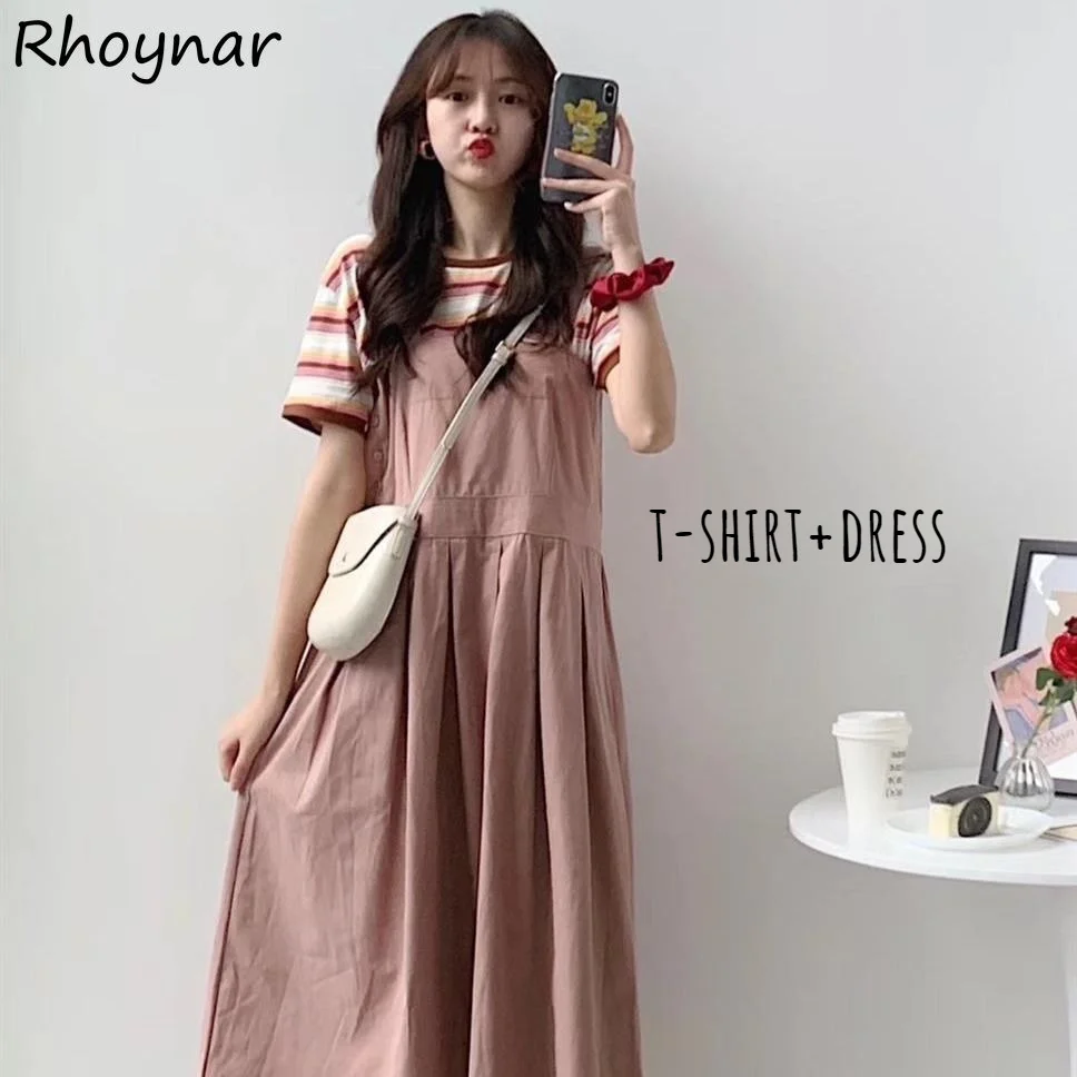 

Women Sets Striped Sweet Short Sleeve T-shirt Mid-calf Dress Fashion Girlish Japanese Style Preppy Casual Summer Lovely Chic New