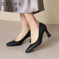 orcha lisa new 2021 women pumps square toe 7 5cm block heels slip on classic elegant big size 48 casual office black a3790