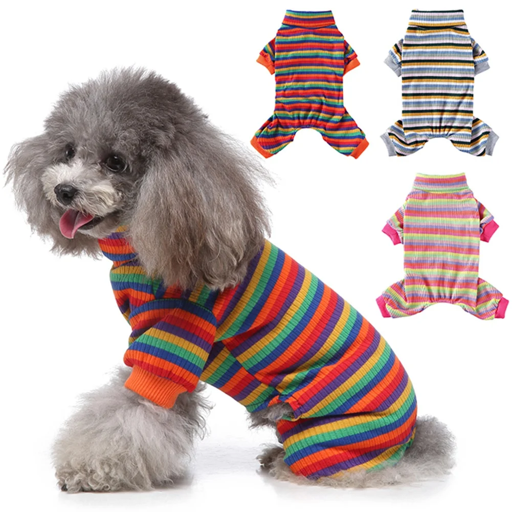 

Pet Dog Jumpsuit Puppy Cat Dog Costume Cotton Dog Clothes Soft Pullover Dog Shirt Rainbow Strip Half-high Collar Dog Clothes