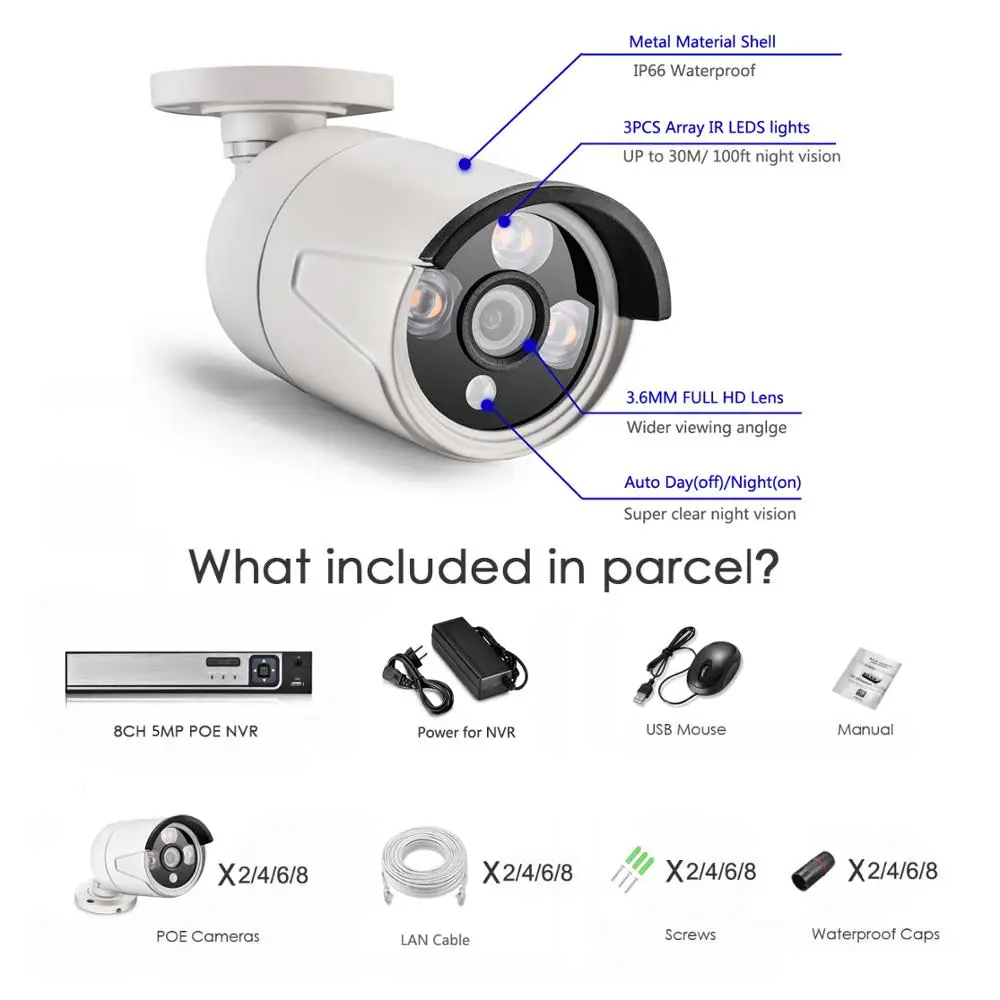 AZISHN 8 Каналы 3MP POE IP видео безопасности Системы H.265 + NVR с аудио на открытом воздухе