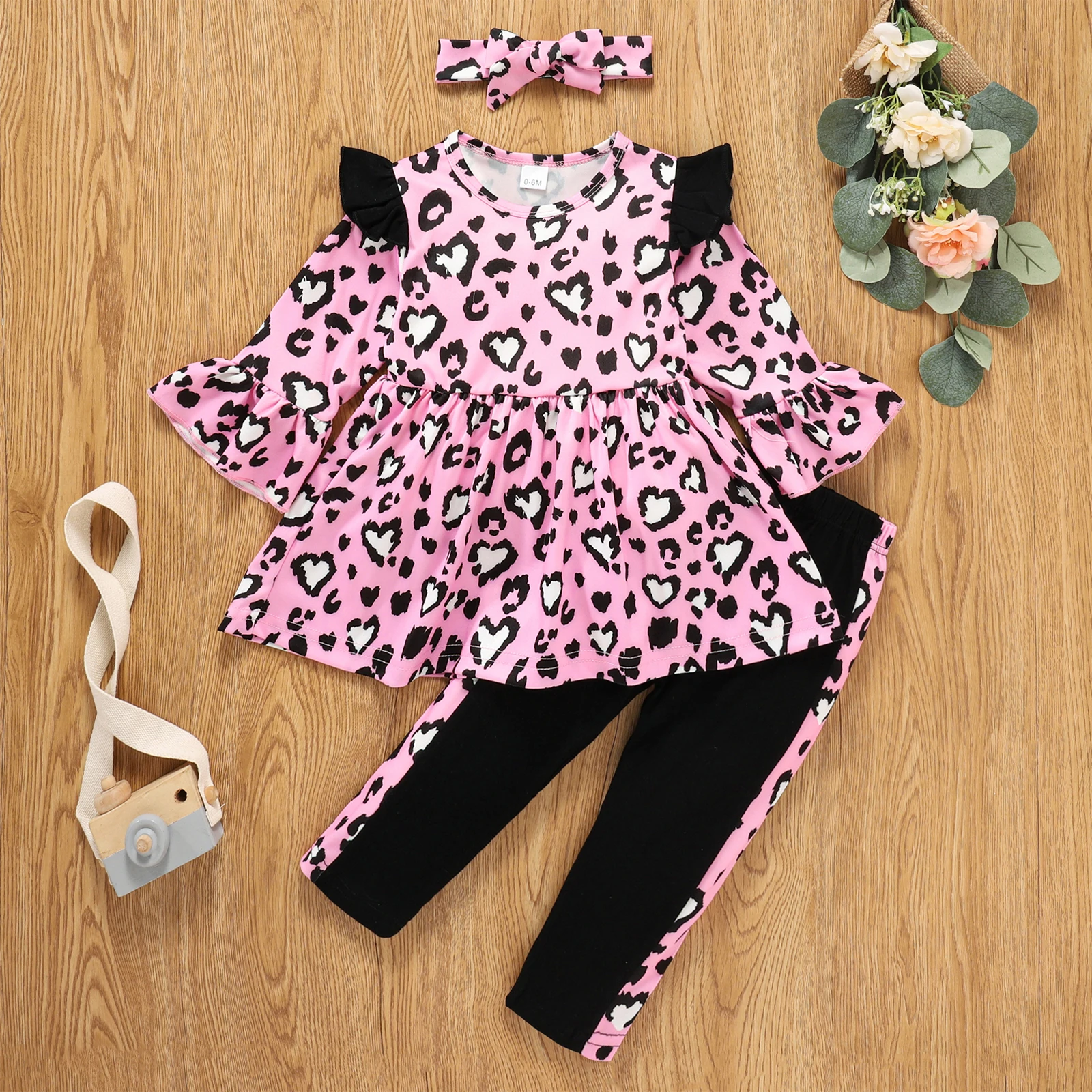 

2021 Print Full Sleeve Newborn Long Sleeves+Trousers+Bow Headband Leopard Print Ruffle Decoration Spring Clothing 0-24 Months