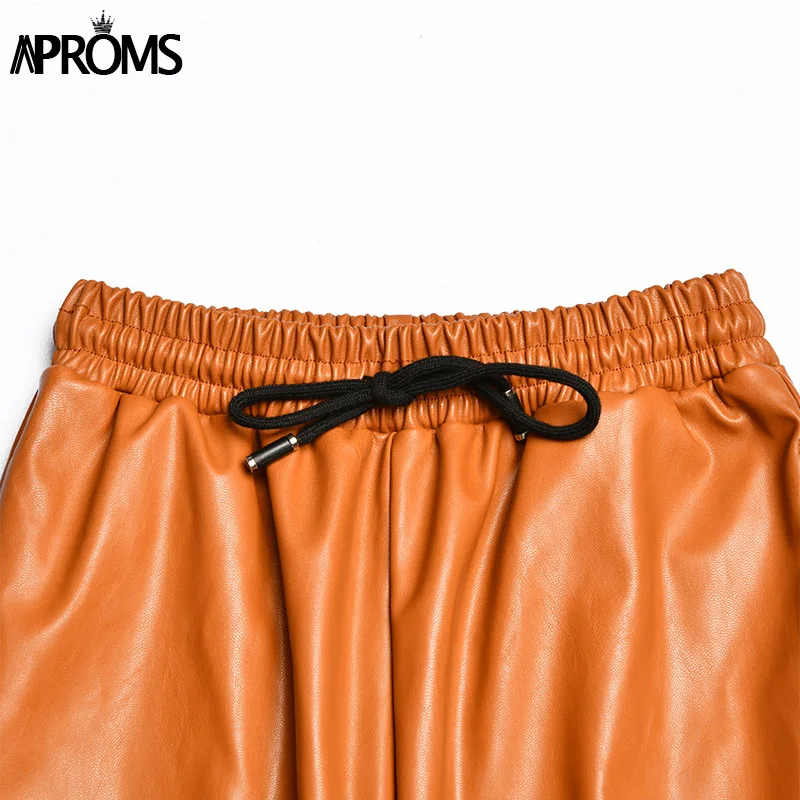 Aproms/однотонные узкие брюки из искусственной кожи для женщин; зимняя уличная одежда; повседневные женские брюки с высокой талией и завязками;