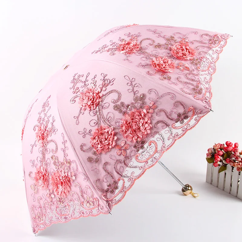 

New folding umbrella embroidered lace double-layer vinyl three-fold umbrella anti-ultraviolet sun umbrella sunny umbrella