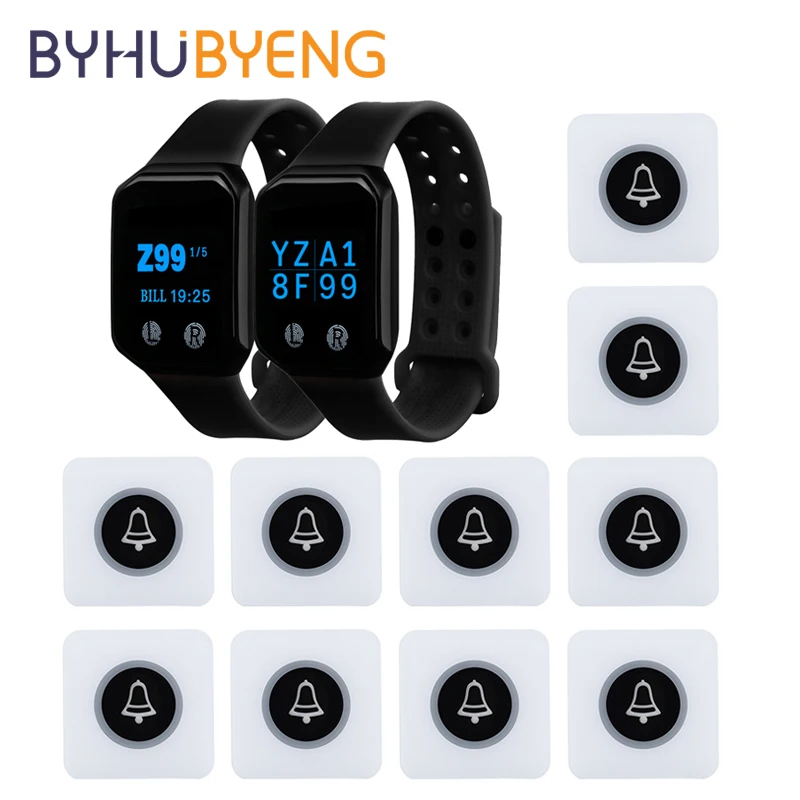 BYHUBYENG Restaurant Pager 2pcs Watch Receiver 10pcs Call Button Transmitter Wireless Waiter Calling System Factory Cafe