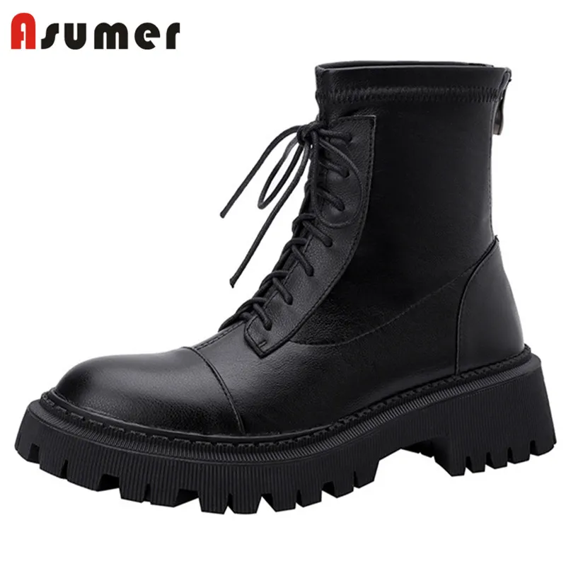 

Asumer Hot Sale Stretch Pu +Genuine Leather Shoes Women Ankle Boots Round Toe Cross Tied Zip Thick Bottom Classic Women Shoes