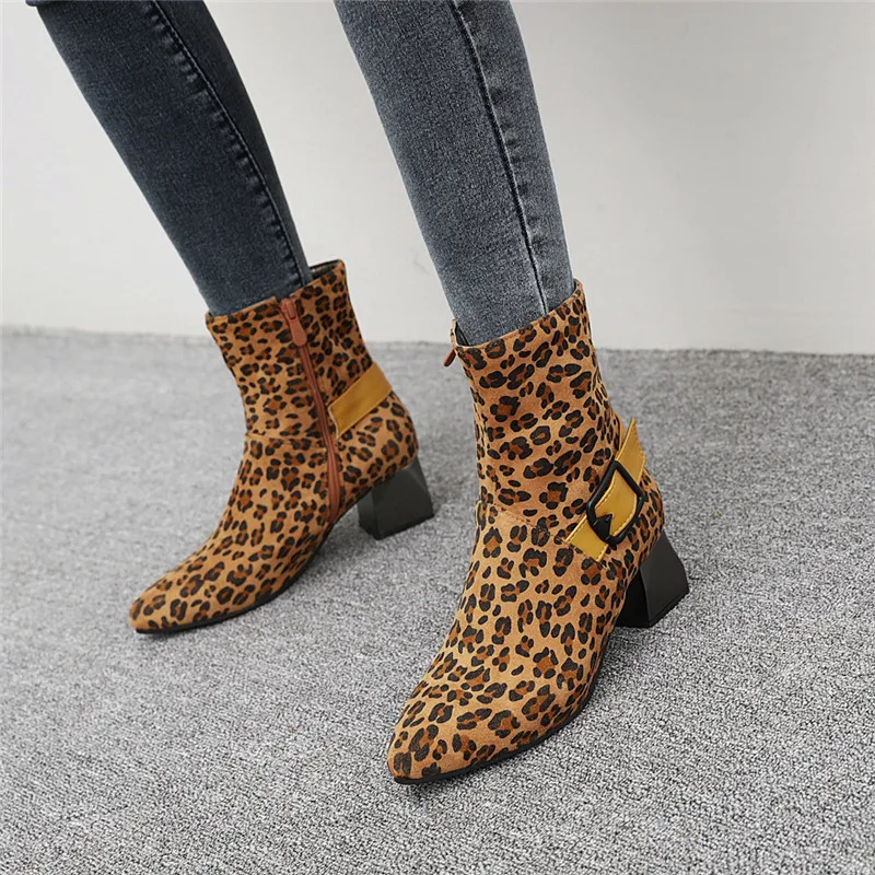 

Asumer 2020 newest ankle boots women leopard pointed toe buckle zip thick heel casual shoes fashion autumn winter boots woman