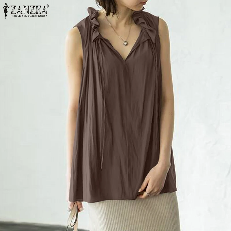 

ZANZEA 2021 Women Lace Up Summer Tunic Shirt Chemise Female Clothing Vintage V Neck Blouses Solid Tops Casual Sleeveless Blusas