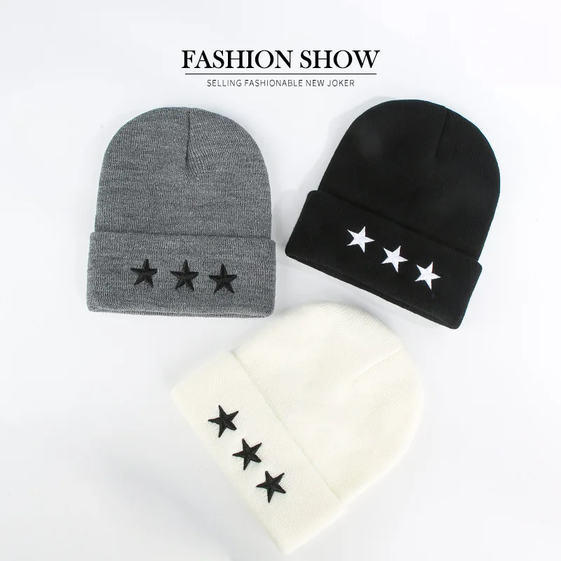 

Winter Cotton Hat Unisex Leisure Knitted Hat Female Warm Blends Hat Women Men Embroidery Stars Hip Hop Skullies Beanies