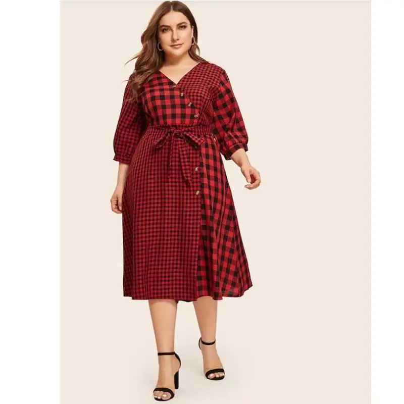 4xl размера плюс клетчатое платье рубашка винтажное красное осенне зимнее женское