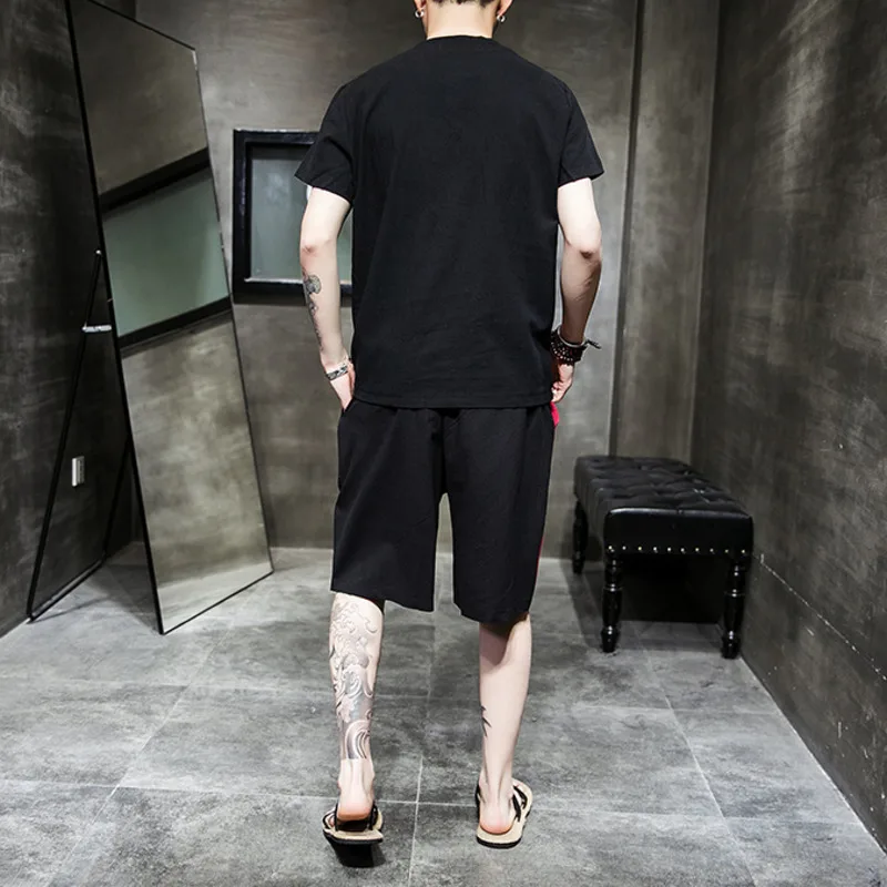 

IEFB Men's Spring And Summer Chinese Style Splicing Contract Color Short Sleeve Top And Wide Leg Shorts Suit Two Piece Set Y8238